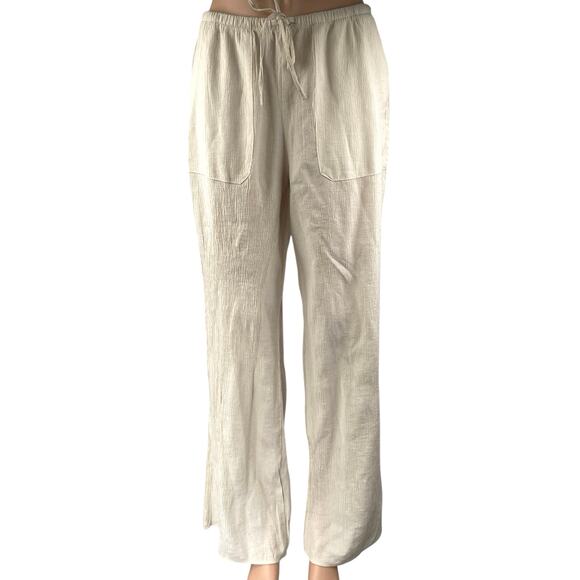Zara Pants - NEW Zara Beige Crinkled Textured Wide Leg High Waist Trousers Lounge Pants Sz S